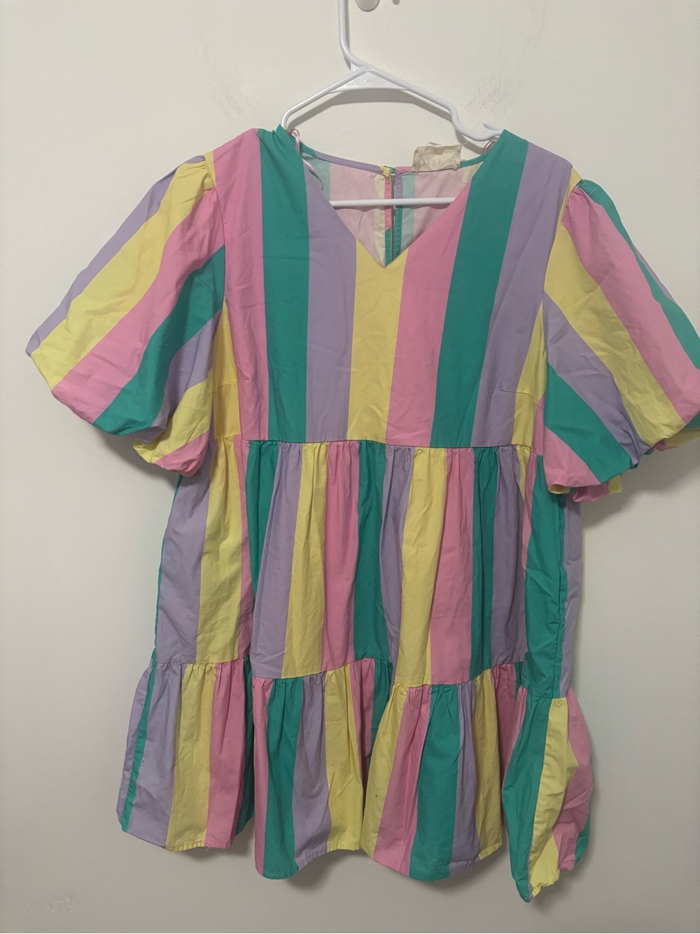 Dress Up colorful stripe puff sleeve babydoll dress